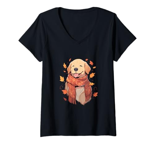 Damen Labrador Retriever Herbst Hund Herbst Blätter Thanksgiving T-Shirt mit V-Ausschnitt von Fall Vibes Autumn Season Dog Lover