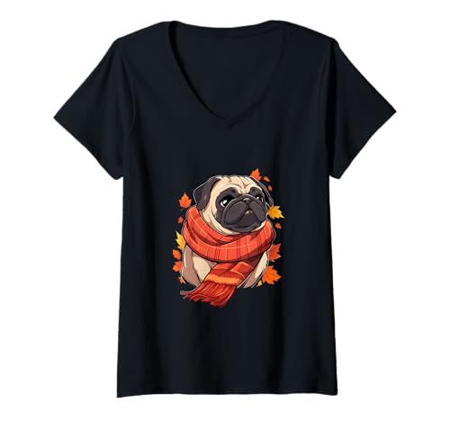 Damen Mops Herbst Hund Herbst Blätter Thanksgiving T-Shirt mit V-Ausschnitt Damen Mops Herbst Hund Herbst Blätter Thanksgiving T-Shirt mit V-Ausschnitt von Fall Vibes Autumn Season Dog Lover