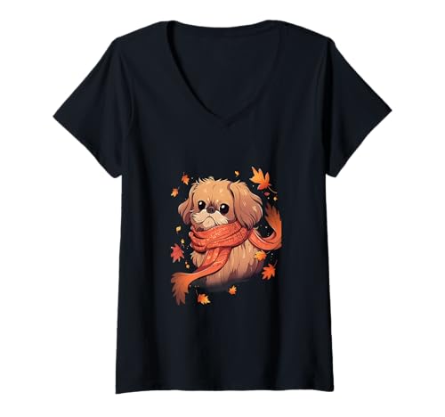 Damen Pekinese Herbst Hund Herbst Blätter Thanksgiving T-Shirt mit V-Ausschnitt Damen Pekinese Herbst Hund Herbst Blätter Thanksgiving T-Shirt mit V-Ausschnitt von Fall Vibes Autumn Season Dog Lover
