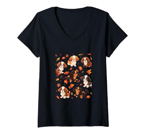 Damen Hund Welpe Herbst Blätter Muster Thanksgiving Hundeliebhaber T-Shirt mit V-Ausschnitt Damen Hund Welpe Herbst Blätter Muster Thanksgiving Hundeliebhaber T-Shirt mit V-Ausschnitt von Fall Vibes Autumn Season Dog Owner