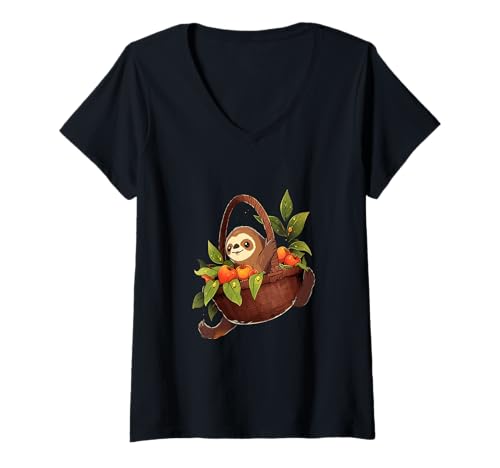 Damen Faultier Herbst Ernte Erntedankfest Herbst T-Shirt mit V-Ausschnitt von Fall Vibes Autumn Season Sloth Lover