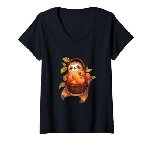 Damen Faultier Herbst Ernte Erntedankfest Herbst T-Shirt mit V-Ausschnitt von Fall Vibes Autumn Season Sloth Lover