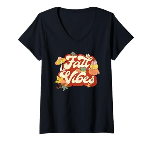 Damen Fall Vibes Groovy 70er Jahre Stil Kürbis Pilz T-Shirt mit V-Ausschnitt Damen Fall Vibes Groovy 70er Jahre Stil Kürbis Pilz T-Shirt mit V-Ausschnitt von Fall Vibes Groovy 70's Style Thanksgiving