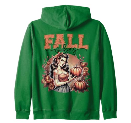 Fall Vibes Trendy Vintage Herbst Pin Up Mädchen mit Kürbis Kapuzenjacke von Fall Vibes Pin Up Girl & Pumpkin Sapphire Star