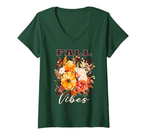 Damen Fall Vibes Trendy Vintage Herbst Retro Pretty Floral T-Shirt mit V-Ausschnitt von Fall Vibes Pretty Floral Sapphire Star