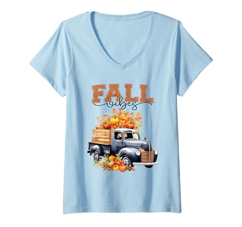 Damen Fall Vibes Trendy Vintage Herbst Retro Kürbis Truck T-Shirt mit V-Ausschnitt Damen Fall Vibes Trendy Vintage Herbst Retro Kürbis Truck T-Shirt mit V-Ausschnitt von Fall Vibes Pumpkin Truck Sapphire Star