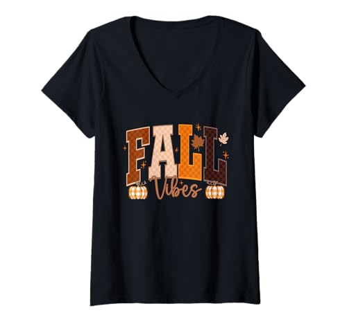 Damen Fall Vibes Trendy Vintage Herbst mit niedlichen Retro Kürbissen T-Shirt mit V-Ausschnitt Damen Fall Vibes Trendy Vintage Herbst mit niedlichen Retro Kürbissen T-Shirt mit V-Ausschnitt von Fall Vibes Retro Pumpkins Sapphire Star