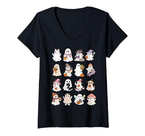 Damen Niedliche Geister mit Haustieren und Herbstzubehör Lustiges Halloween T-Shirt mit V-Ausschnitt Damen Niedliche Geister mit Haustieren und Herbstzubehör Lustiges Halloween T-Shirt mit V-Ausschnitt von Fall Vibes Tees & Gifts