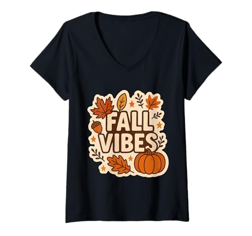 Damen Fall Vibes Vintage Herbst Liebhaber Kürbis Blätter Zitat Retro T-Shirt mit V-Ausschnitt Damen Fall Vibes Vintage Herbst Liebhaber Kürbis Blätter Zitat Retro T-Shirt mit V-Ausschnitt von Fall Vibes Vintage Autumn Lover Pumpkin Products