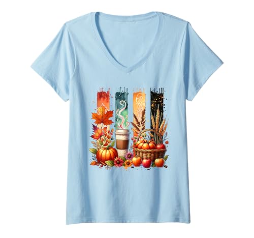 Damen Herbst Herbst Saison Pinselstriche Ästhetische Kürbisblätter T-Shirt mit V-Ausschnitt von Fall Y'all Mercantile