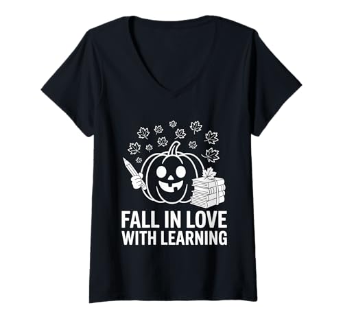 Damen Verliebe Dich in das Lernen Lustiger Herbst-Season-Idealer Lehrer T-Shirt mit V-Ausschnitt Damen Verliebe Dich in das Lernen Lustiger Herbst-Season-Idealer Lehrer T-Shirt mit V-Ausschnitt von Fall in Love with Learning Pumpkin and Leaf Appare