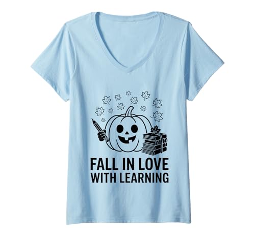 Damen Verliebe Dich in das Lernen Lustiger Herbst-Season-Idealer Lehrer T-Shirt mit V-Ausschnitt Damen Verliebe Dich in das Lernen Lustiger Herbst-Season-Idealer Lehrer T-Shirt mit V-Ausschnitt von Fall in Love with Learning Pumpkin and Leaf Appare