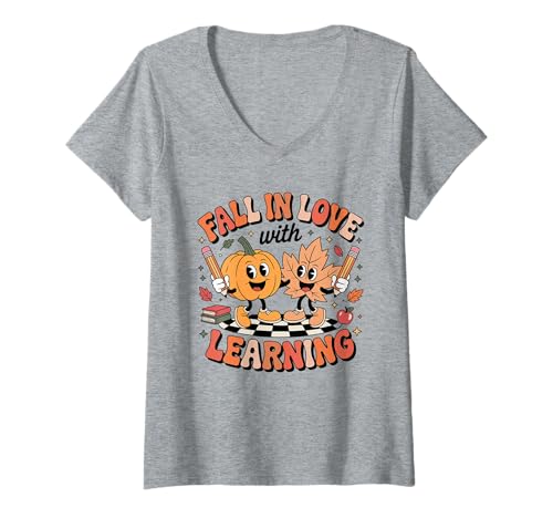 Damen Verliebe Dich in das Lernen Lustiger Herbst-Season-Idealer Lehrer T-Shirt mit V-Ausschnitt Damen Verliebe Dich in das Lernen Lustiger Herbst-Season-Idealer Lehrer T-Shirt mit V-Ausschnitt von Fall in Love with Learning Pumpkin and Leaf Appare