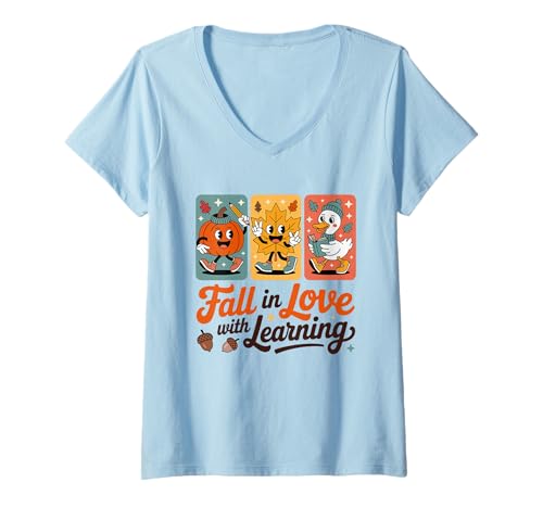 Damen Verliebe Dich in das Lernen Lustiger Herbst-Season-Idealer Lehrer T-Shirt mit V-Ausschnitt Damen Verliebe Dich in das Lernen Lustiger Herbst-Season-Idealer Lehrer T-Shirt mit V-Ausschnitt von Fall in Love with Learning Pumpkin and Leaf Appare