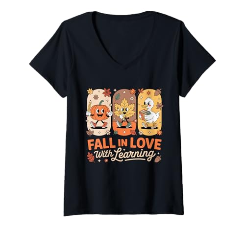 Damen Verliebe Dich in das Lernen Lustiger Herbst-Season-Idealer Lehrer T-Shirt mit V-Ausschnitt Damen Verliebe Dich in das Lernen Lustiger Herbst-Season-Idealer Lehrer T-Shirt mit V-Ausschnitt von Fall in Love with Learning Pumpkin and Leaf Appare