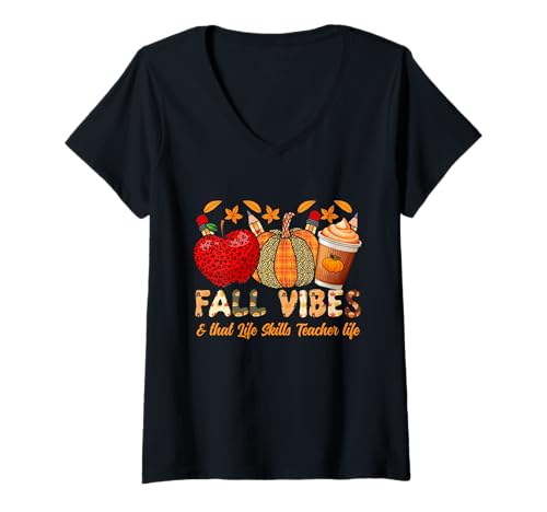 Damen Fall Vibes and That Life Skills Teacher Life Danksgiving T-Shirt mit V-Ausschnitt Damen Fall Vibes and That Life Skills Teacher Life Danksgiving T-Shirt mit V-Ausschnitt von Fall vibes and that life tees