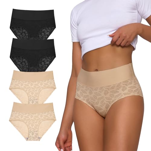 FallSweet Nahtlose Unterhosen Damen Hohe Taille Spitzen Unterwäsche Seamless No Show Slips Mehrpack (beige2+black2, S) von FallSweet