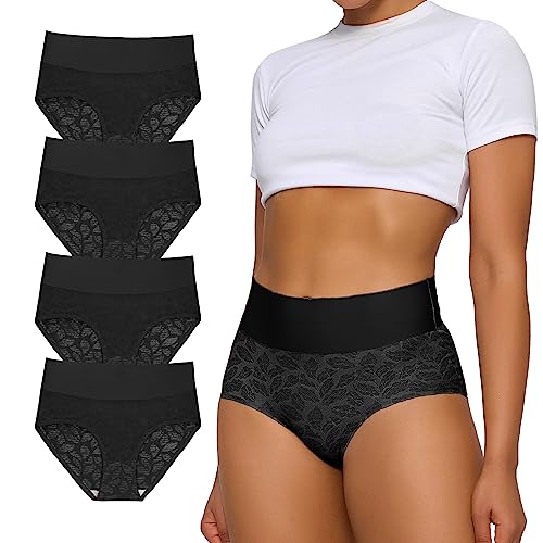 FallSweet Nahtlose Unterhosen Damen Hohe Taille Spitzen Unterwäsche Seamless No Show Slips Mehrpack (black4, M) von FallSweet