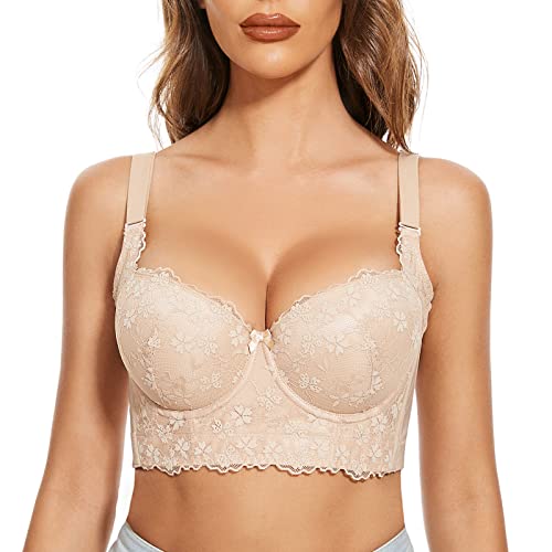 FallSweet Push Up Spitzen BH Damen Mit Bügel Grosse Grössen Bra Longline (Beige, 100E) von FallSweet