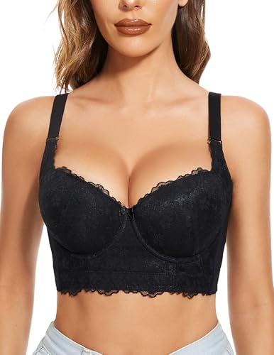 FallSweet Push Up Spitzen BH Damen Mit Bügel Grosse Grössen Bra Longline (Schwarz, 80D) von FallSweet