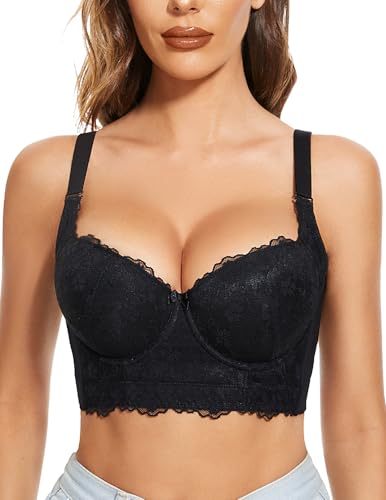 FallSweet Push Up Spitzen BH Damen Mit Bügel Grosse Grössen Bra Longline (Schwarz, 95D) von FallSweet