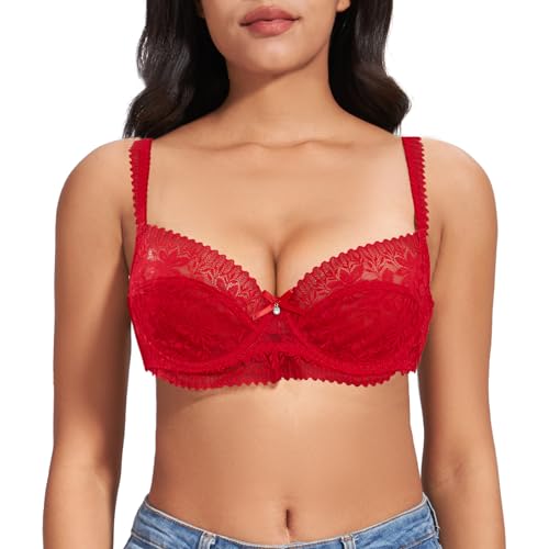 FallSweet Spitzen BH Damen mit Bügel Minimizer BHS für Große Busen ohne Einlagen(Rot, 105E) von FallSweet