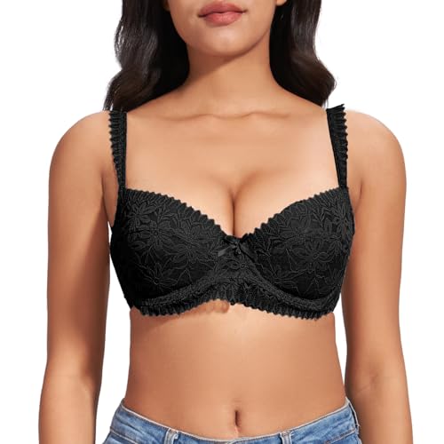 FallSweet Spitzen BH Damen mit Bügel Minimizer BHS für Große Busen ohne Einlagen(Schwarz, 100E) von FallSweet