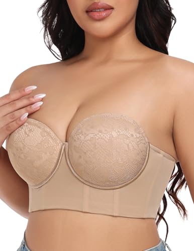FallSweet Trägerloser Spitzen-BH Damen mit Bügel Bustier Ohne Träger Große Größen(Beige,95C) von FallSweet