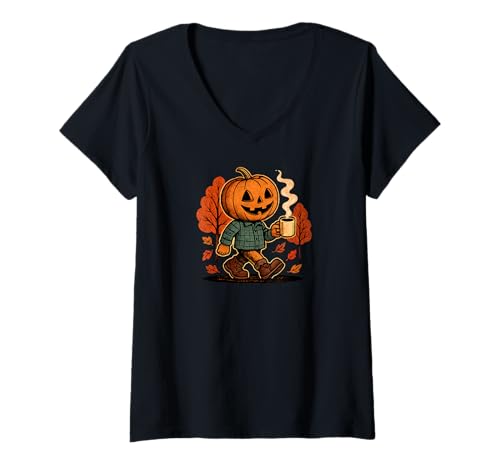 Damen Gemütlicher Kürbisspaziergang im Herbst, süßer Herbst T-Shirt mit V-Ausschnitt Damen Gemütlicher Kürbisspaziergang im Herbst, süßer Herbst T-Shirt mit V-Ausschnitt von Falling Leaves & Rising Spirits