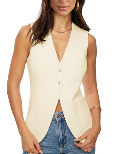 Fallorchid Ärmellose Damenweste mit Knopfleiste, V-Ausschnitt, vollständig gefüttert, Anzugjacke, Beige, S von Fallorchid