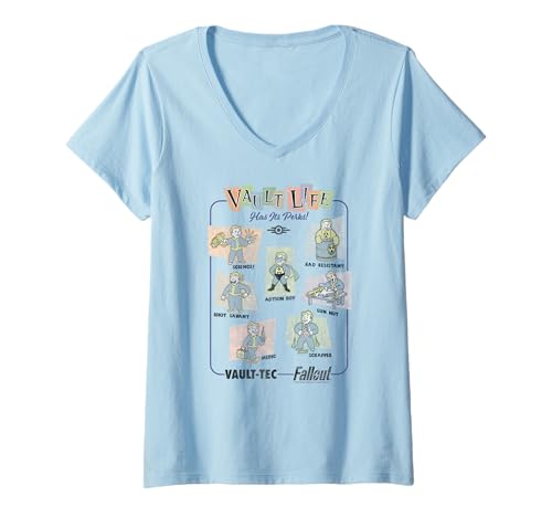 Damen Fallout Video Game Vault Life Has Its Perks Retro Collage T-Shirt mit V-Ausschnitt von Fallout