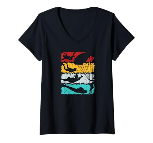 Damen Vintage Fallschirmspringen T-Shirt mit V-Ausschnitt von Fallschirmspringen Ausrüstung & Paragliding