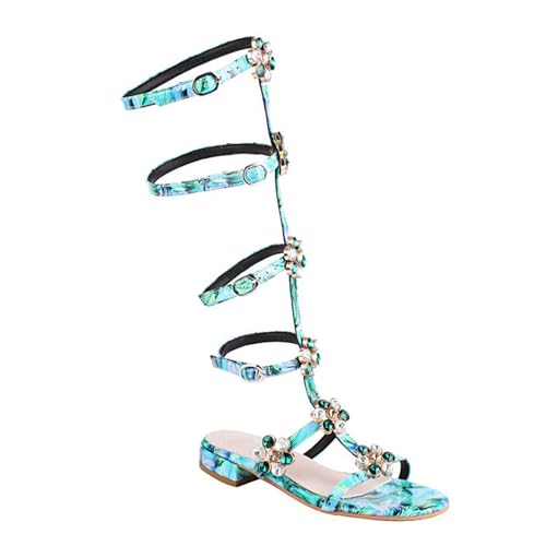 FamMe Bequeme flache Sandalen für Damen, Peep-Toe, kniehohe Stiefel, bunte Kristallschnalle, Sommersandalen, flache Schuhe, elegante Schuhe,Blau,35 von FamMe