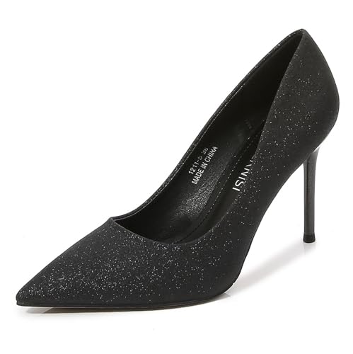 FamMe Damen Glitzer Pailletten High Stiletto Heels Geschlossene Spitze Spitze Kleid Pumps Hochzeit Party Arbeit Büro Slip On Schuhe 9,4 cm, Schwarz , 40 EU von FamMe