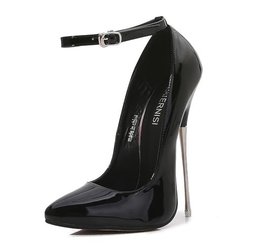 FamMe Damen Lackleder Stiletto High Heels Spitzschuh Knöchelriemen Pumps Metallabsatz Stilettos Büro Niedliche Abendkleid Schuhe 16 cm/6,3 Zoll,Schwarz,37 von FamMe