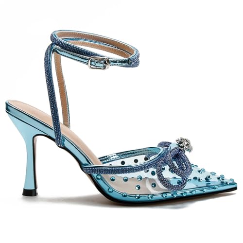 FamMe Damen-Pumps mit geschlossener Zehenpartie und Schleife, Strasssteinen, hohe Stiletto-Absätze, Slingback-Pumps mit Schnallenriemen, Kitten-Heels, PVC-Kristallnieten, Abendschuhe,Blau,34 von FamMe