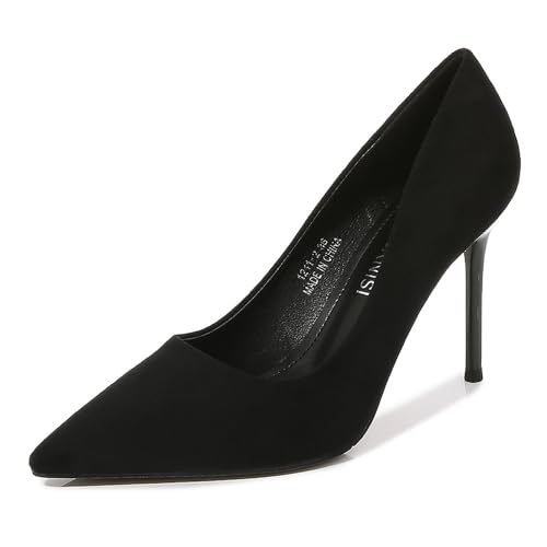 FamMe Damen-Pumps mit hohem Stiletto-Absatz aus Wildleder, geschlossene Spitze, Kleid-Pumps, Slip-on-Schuhe für Hochzeit, Arbeit, Büro, Geschäft, 9,4 cm,Schwarz,46 von FamMe