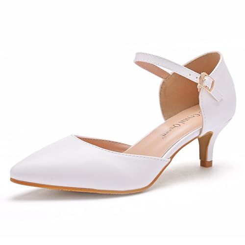 FamMe Damen-Schuhe mit spitzem Zehenbereich, niedriger Absatz, Knöchelriemen, Schnalle, geschlossene Zehenpartie, Pumpe, Sommer, lässig, bequem, Kleid, Arbeit, Hochzeit, Schuhe für Frauen, weiß, 34 EU von FamMe