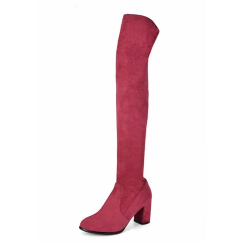 FamMe Damen-Stiefel aus Kunst-Wildleder mit klobigem Absatz, Stretch-Overknee-Stiefel, Oberschenkelhoch, zum Hineinschlüpfen, bequemer Block-High-Heel, Herbst-Winter-lange Stiefel,Rot,38 von FamMe