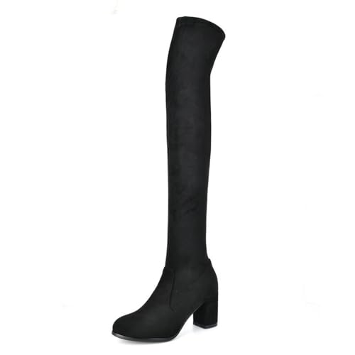 FamMe Damen-Stiefel aus Kunst-Wildleder mit klobigem Absatz, Stretch-Overknee-Stiefel, Oberschenkelhoch, zum Hineinschlüpfen, bequemer Block-High-Heel, Herbst-Winter-lange Stiefel,Schwarz,34 von FamMe