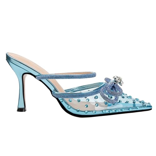 FamMe Damen-Stiletto-Pumps, spitzer Zehenbereich, transparentes PVC, High Heels, Kristall-Strass-Schleife, Sandalen, Slingback-Party-Hochzeitsschuhe,Blau,35 von FamMe