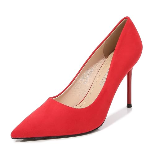 FamMe Damen Wildleder High Stiletto Heels Geschlossene Spitze Zehe Kleid Pumps Slip On Schuhe für Hochzeit Arbeit Büro Business 9,4 cm, rot, 46 EU von FamMe