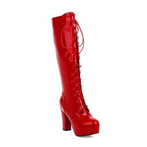 FamMe Kniehohe Plateaustiefel für Damen, klobiger Absatz, runde Zehen, lange Stiefel, PU-Leder, seitlicher Reißverschluss, Schnürstiefel, Herbst- und Winterstiefel, elegante Schuhe,Rot,39 von FamMe