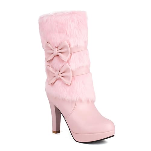 FamMe Kniehohe Plateaustiefel für Damen mit hohem klobigem Absatz, runder Zehenpartie und seitlichem Reißverschluss, warme Herbst- und Winter-Schneestiefel Mädchen mit Doppelschleife,Rosa,34 von FamMe