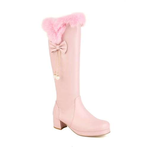 FamMe Kniehohe Stiefel für Damen, klobiger Absatz, runde Zehen, hohe Stiefel, Block-High-Heel, seitlicher Reißverschluss, Herbst-Winter-Schleife, warme lange Stiefel,Rosa,35 von FamMe