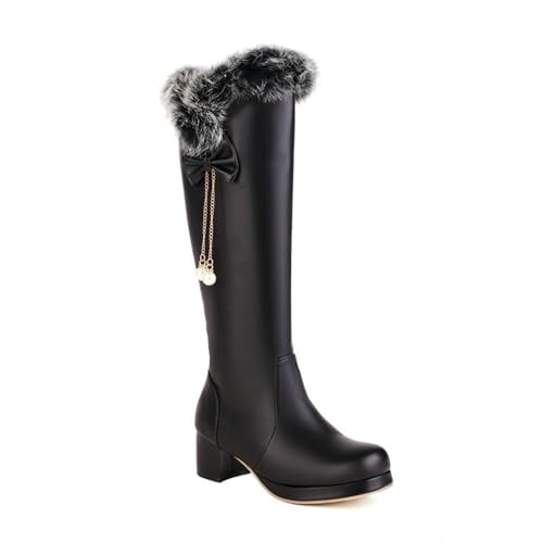 FamMe Kniehohe Stiefel für Damen, klobiger Absatz, runde Zehen, hohe Stiefel, Block-High-Heel, seitlicher Reißverschluss, Herbst-Winter-Schleife, warme lange Stiefel,Schwarz,38 von FamMe