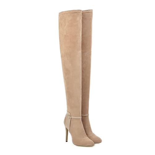 FamMe Oberschenkelhohe Damen-Stiefel aus Wildlederimitat, elastische Absätze, Gürtelschnalle, Overknee-Stiefel, spitze Zehen, modische Herbst-/Winter-Stiletto-High-Heels,Beige,35 von FamMe