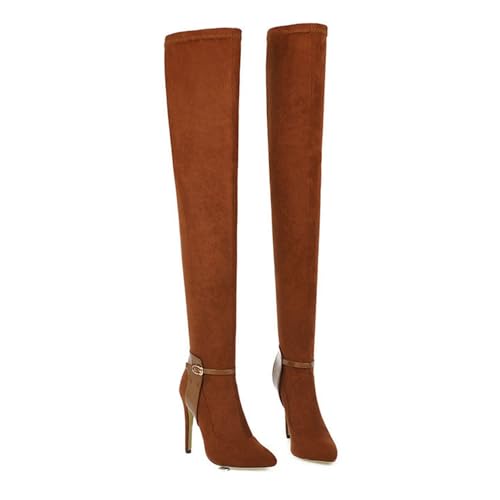 FamMe Oberschenkelhohe Damen-Stiefel aus Wildlederimitat, elastische Absätze, Gürtelschnalle, Overknee-Stiefel, spitze Zehen, modische Herbst-/Winter-Stiletto-High-Heels,Braun,34 von FamMe