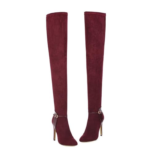 FamMe Oberschenkelhohe Damen-Stiefel aus Wildlederimitat, elastische Absätze, Gürtelschnalle, Overknee-Stiefel, spitze Zehen, modische Herbst-/Winter-Stiletto-High-Heels,Rot,37 von FamMe