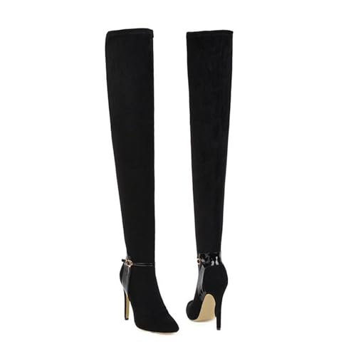 FamMe Oberschenkelhohe Damen-Stiefel aus Wildlederimitat, elastische Absätze, Gürtelschnalle, Overknee-Stiefel, spitze Zehen, modische Herbst-/Winter-Stiletto-High-Heels,Schwarz,34 von FamMe